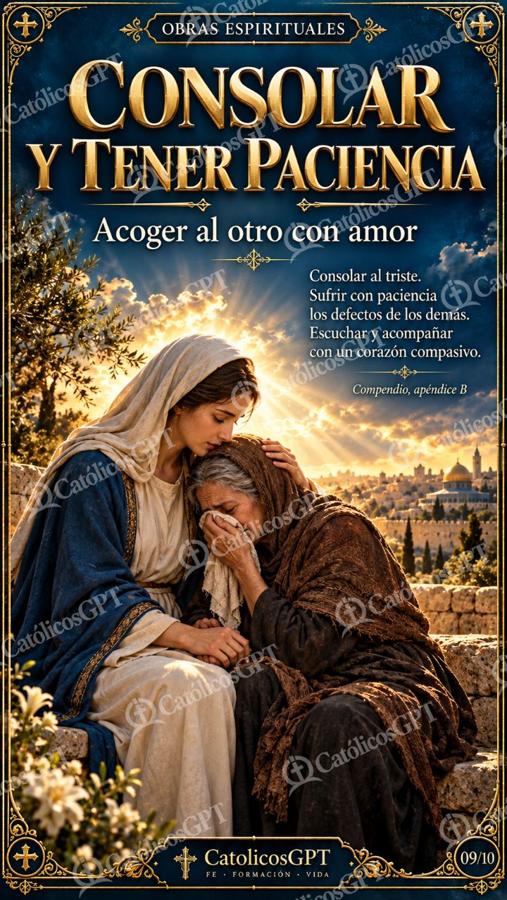 Imagen católica de Obras de Misericordia 09 CONSOLAR Y TENER PACIENCIA CatolicosGPT 9x16 — Formación católica