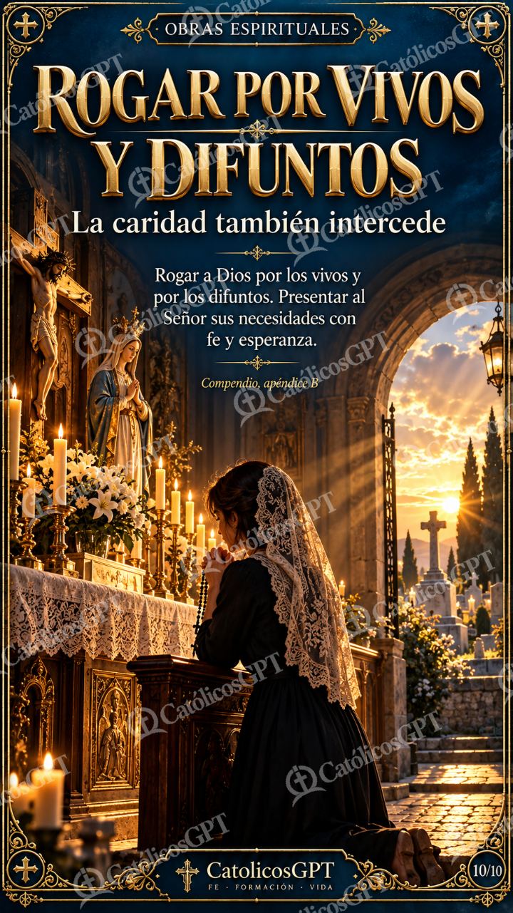 Imagen católica de Obras de Misericordia 10 ROGAR POR VIVOS Y DIFUNTOS CatolicosGPT 9x16 — Formación católica