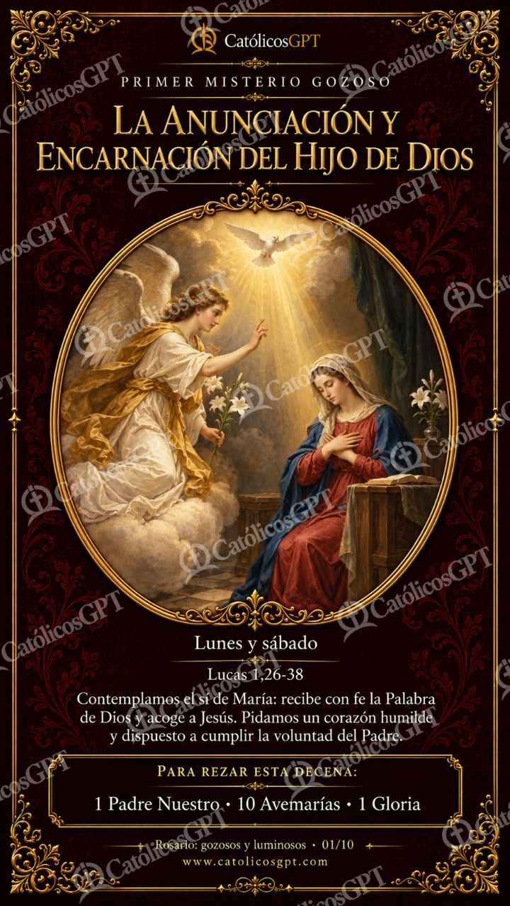 Imagen católica de Santo Rosario 01 La Anunciación y Encarnación del Hijo de Dios CatolicosGPT 9x16 — Devociones y sacramentales