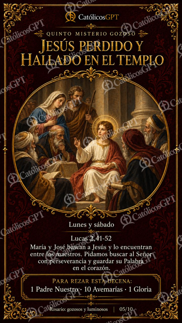 Imagen católica de Santo Rosario 05 Jesús perdido y hallado en el Templo CatolicosGPT 9x16 — Devociones y sacramentales
