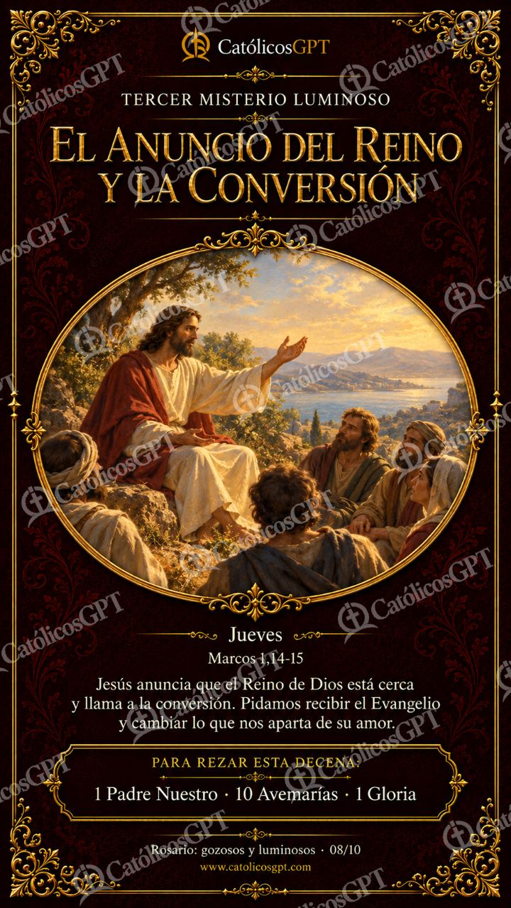 Imagen católica de Santo Rosario 08 El anuncio del Reino y la conversión CatolicosGPT 9x16 — Devociones y sacramentales