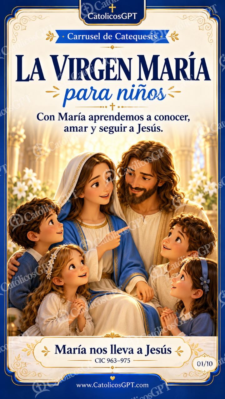 Imagen católica de Virgen Maria para Ninos Catequesis 01 LA VIRGEN MARIA CatolicosGPT 9x16 — Niños y catequesis