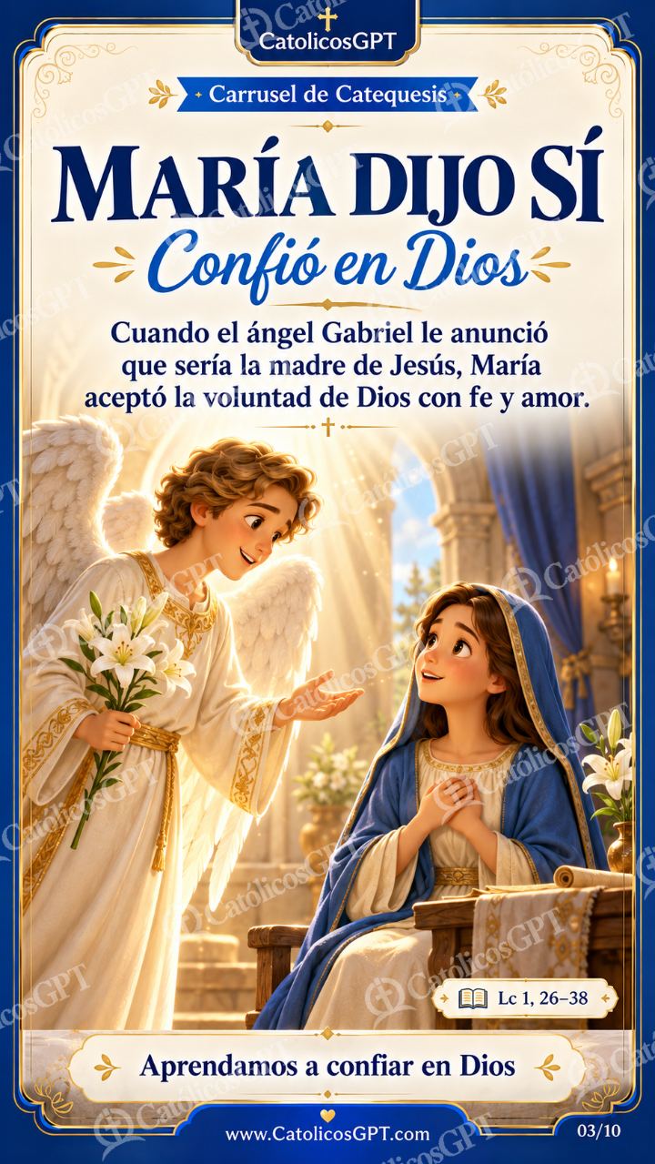 Imagen católica de Virgen Maria para Ninos Catequesis 03 MARIA DIJO SI CatolicosGPT 9x16 — Niños y catequesis