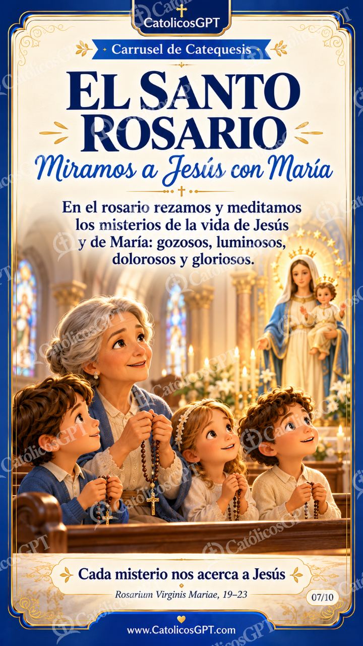 Imagen católica de Virgen Maria para Ninos Catequesis 07 EL SANTO ROSARIO CatolicosGPT 9x16 — Niños y catequesis