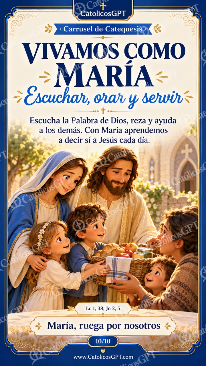 Imagen católica de Virgen Maria para Ninos Catequesis 10 VIVAMOS COMO MARIA CatolicosGPT 9x16 — Niños y catequesis