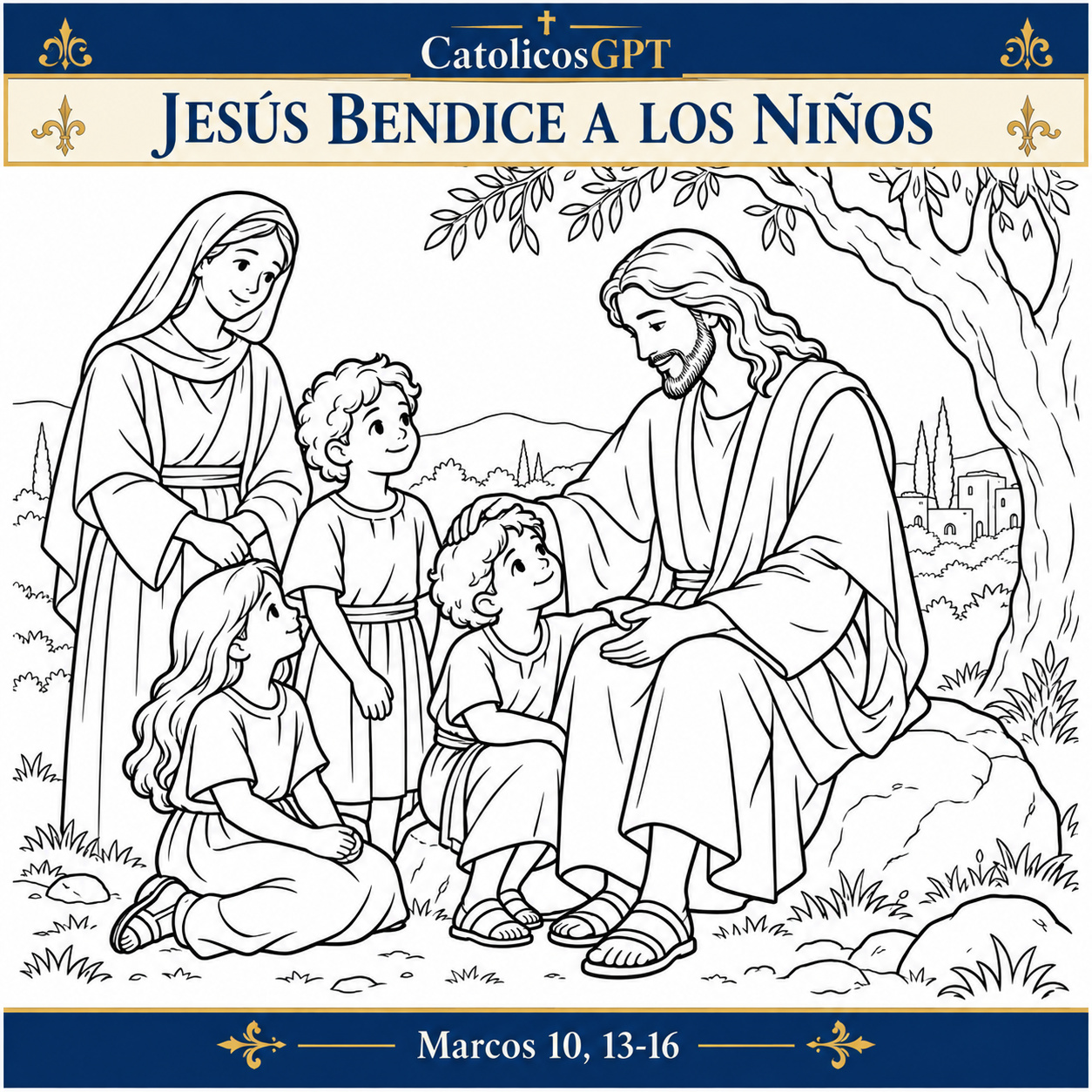Jesús bendice a los niños, dibujo para colorear